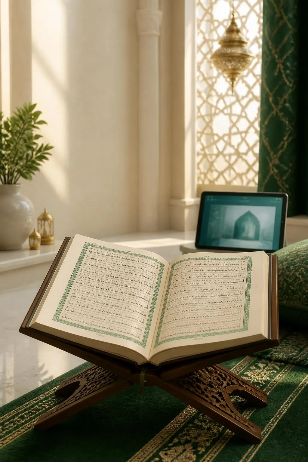Coran ouvert auprès d'une tablette dans un cadre islamique lumineux